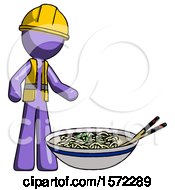 Poster, Art Print Of Purple Construction Worker Contractor Man And Noodle Bowl Giant Soup Restaraunt Concept