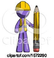 Poster, Art Print Of Purple Construction Worker Contractor Man With Large Pencil Standing Ready To Write