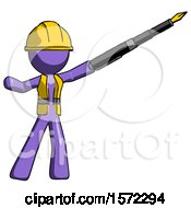 Poster, Art Print Of Purple Construction Worker Contractor Man Pen Is Mightier Than The Sword Calligraphy Pose