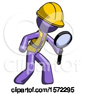 Poster, Art Print Of Purple Construction Worker Contractor Man Inspecting With Large Magnifying Glass Right