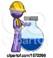 Poster, Art Print Of Purple Construction Worker Contractor Man Standing Beside Large Round Flask Or Beaker