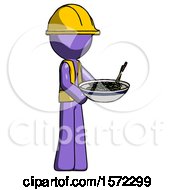 Poster, Art Print Of Purple Construction Worker Contractor Man Holding Noodles Offering To Viewer