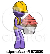 Poster, Art Print Of Purple Construction Worker Contractor Man Holding Large Cupcake Ready To Eat Or Serve