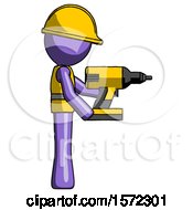 Poster, Art Print Of Purple Construction Worker Contractor Man Using Drill Drilling Something On Right Side
