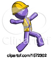 Poster, Art Print Of Purple Construction Worker Contractor Man Running Away In Hysterical Panic Direction Right