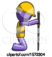 Poster, Art Print Of Purple Construction Worker Contractor Man Kneeling With Ninja Sword Katana Showing Respect