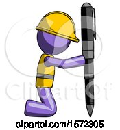 Poster, Art Print Of Purple Construction Worker Contractor Man Posing With Giant Pen In Powerful Yet Awkward Manner