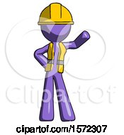 Purple Construction Worker Contractor Man Waving Left Arm With Hand On Hip