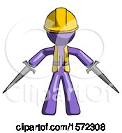 Poster, Art Print Of Purple Construction Worker Contractor Man Two Sword Defense Pose