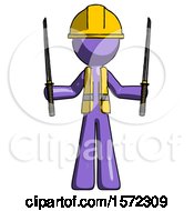 Poster, Art Print Of Purple Construction Worker Contractor Man Posing With Two Ninja Sword Katanas Up