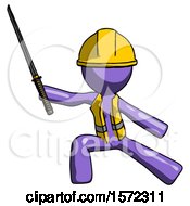 Poster, Art Print Of Purple Construction Worker Contractor Man With Ninja Sword Katana In Defense Pose