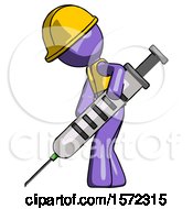 Poster, Art Print Of Purple Construction Worker Contractor Man Using Syringe Giving Injection