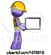 Poster, Art Print Of Purple Construction Worker Contractor Man Show Tablet Device Computer To Viewer Blank Area