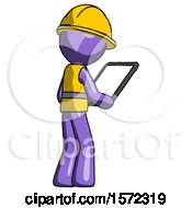 Poster, Art Print Of Purple Construction Worker Contractor Man Looking At Tablet Device Computer Facing Away