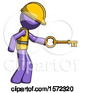 Poster, Art Print Of Purple Construction Worker Contractor Man With Big Key Of Gold Opening Something