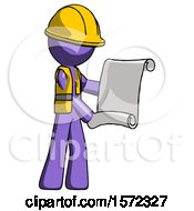 Poster, Art Print Of Purple Construction Worker Contractor Man Holding Blueprints Or Scroll