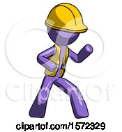Poster, Art Print Of Purple Construction Worker Contractor Man Martial Arts Defense Pose Right