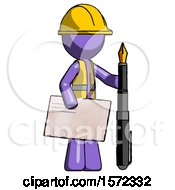 Poster, Art Print Of Purple Construction Worker Contractor Man Holding Large Envelope And Calligraphy Pen