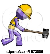 Poster, Art Print Of Purple Construction Worker Contractor Man Hitting With Sledgehammer Or Smashing Something