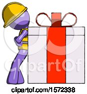 Poster, Art Print Of Purple Construction Worker Contractor Man Gift Concept - Leaning Against Large Present