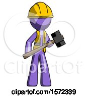 Poster, Art Print Of Purple Construction Worker Contractor Man With Sledgehammer Standing Ready To Work Or Defend