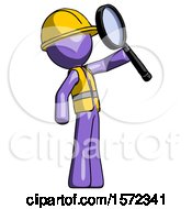 Poster, Art Print Of Purple Construction Worker Contractor Man Inspecting With Large Magnifying Glass Facing Up