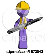 Purple Construction Worker Contractor Man Posing Confidently With Giant Pen