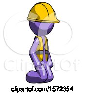 Poster, Art Print Of Purple Construction Worker Contractor Man Kneeling Angle View Right