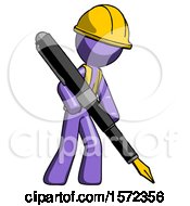 Poster, Art Print Of Purple Construction Worker Contractor Man Drawing Or Writing With Large Calligraphy Pen