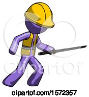 Poster, Art Print Of Purple Construction Worker Contractor Man Stabbing With Ninja Sword Katana