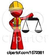 Poster, Art Print Of Red Construction Worker Contractor Man Holding Scales Of Justice