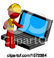 Poster, Art Print Of Red Construction Worker Contractor Man Using Large Laptop Computer