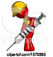 Poster, Art Print Of Red Construction Worker Contractor Man Using Syringe Giving Injection