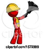 Poster, Art Print Of Red Construction Worker Contractor Man Dusting With Feather Duster Upwards