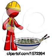 Poster, Art Print Of Red Construction Worker Contractor Man And Noodle Bowl Giant Soup Restaraunt Concept