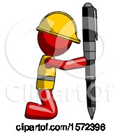 Poster, Art Print Of Red Construction Worker Contractor Man Posing With Giant Pen In Powerful Yet Awkward Manner