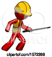 Poster, Art Print Of Red Construction Worker Contractor Man Stabbing With Ninja Sword Katana