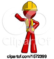 Red Construction Worker Contractor Man Waving Right Arm With Hand On Hip