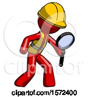 Poster, Art Print Of Red Construction Worker Contractor Man Inspecting With Large Magnifying Glass Right