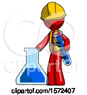 Poster, Art Print Of Red Construction Worker Contractor Man Holding Test Tube Beside Beaker Or Flask