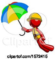 Red Construction Worker Contractor Man Flying With Rainbow Colored Umbrella