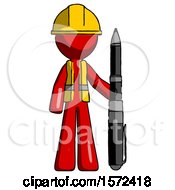 Red Construction Worker Contractor Man Holding Large Pen