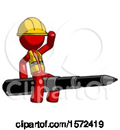 Poster, Art Print Of Red Construction Worker Contractor Man Riding A Pen Like A Giant Rocket