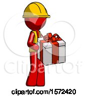 Poster, Art Print Of Red Construction Worker Contractor Man Giving A Present