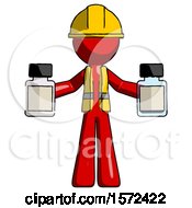 Red Construction Worker Contractor Man Holding Two Medicine Bottles