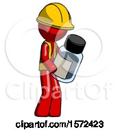 Red Construction Worker Contractor Man Holding Glass Medicine Bottle