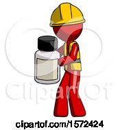 Red Construction Worker Contractor Man Holding White Medicine Bottle