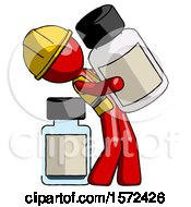 Poster, Art Print Of Red Construction Worker Contractor Man Holding Large White Medicine Bottle With Bottle In Background