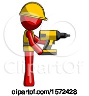 Poster, Art Print Of Red Construction Worker Contractor Man Using Drill Drilling Something On Right Side