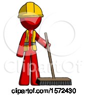 Red Construction Worker Contractor Man Standing With Industrial Broom